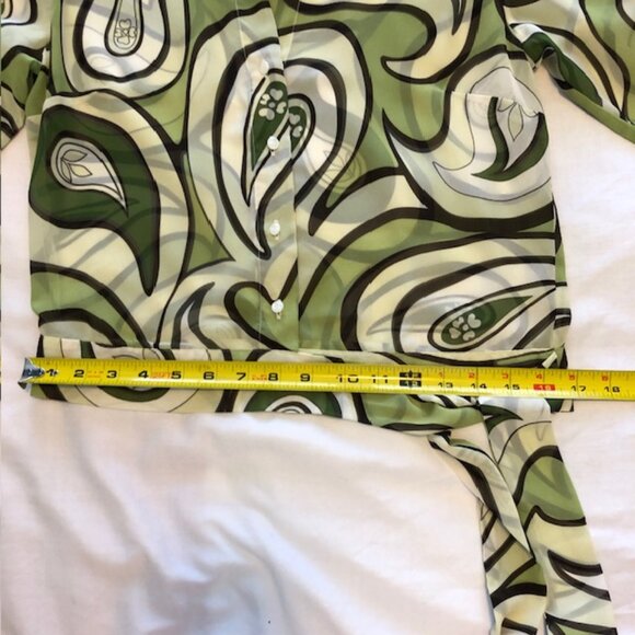 New York & Company Button Down Tie Waist Long-sleeve Green Paisley Blouse Small - Picture 10 of 12